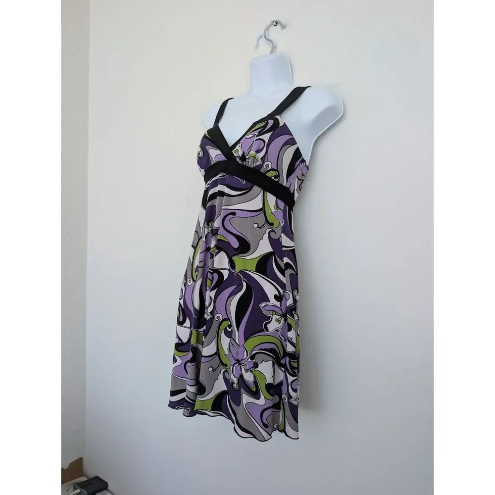 Y2K Abstract Floral Swirl Babydoll Sleeveless Jersey Stretch Dress Sz S